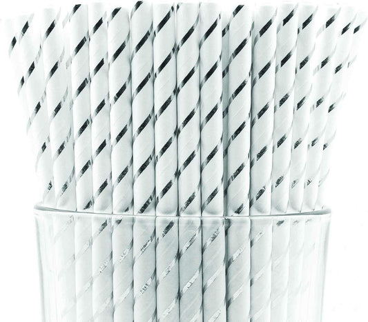 Pack of 300 Silver Foil Stripes Biodegradable 4-Ply Paper Drinking Straws (Compostable, Non-toxic, BPA-free)