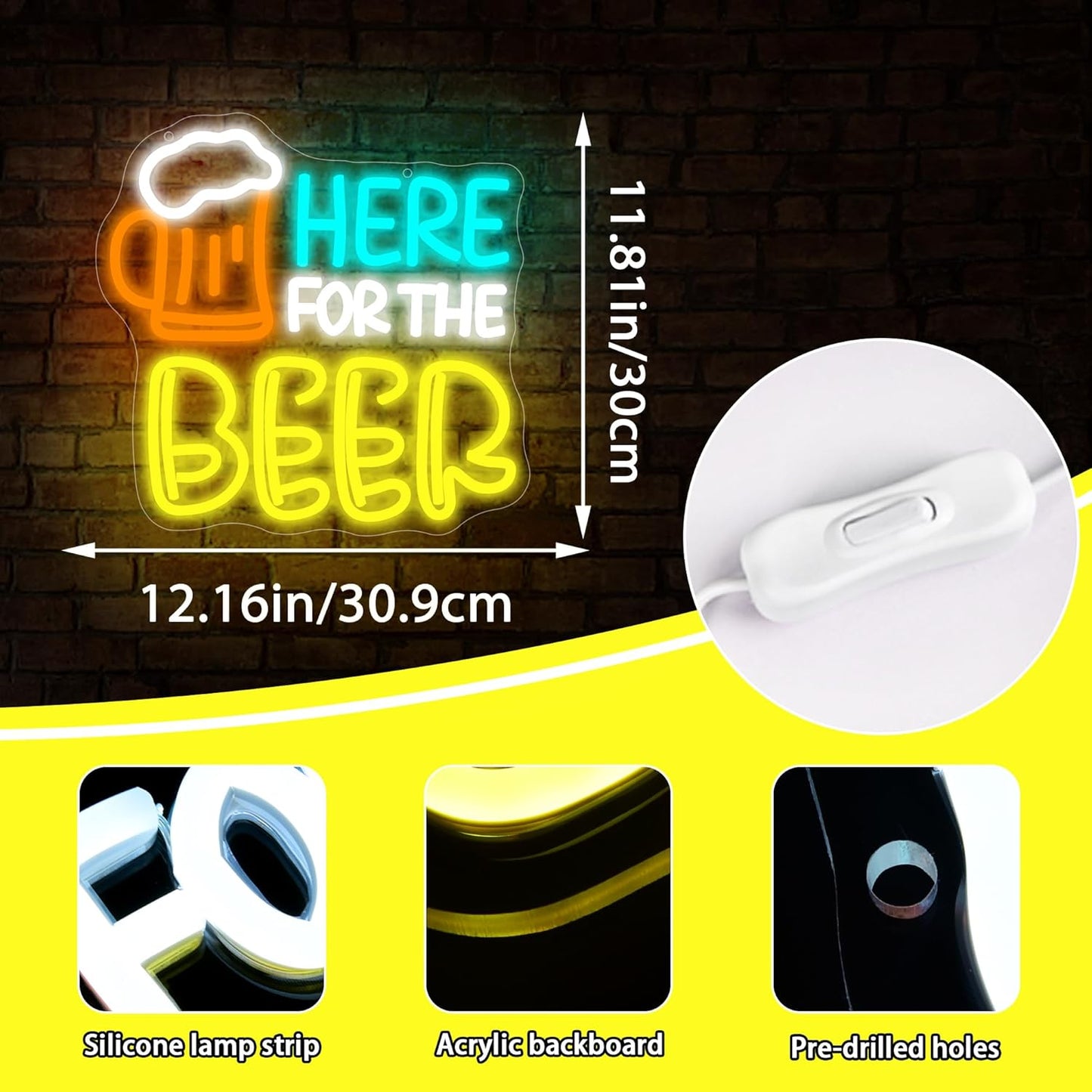 Here for The Beer Neon Sign for Wall Decor Beer Neon Light for Man Cave Dimmable LED Light Bar Pub Party Restaurant Christmas Birthday Gift Art Size 12.1 * 11.8In (WZCP163)