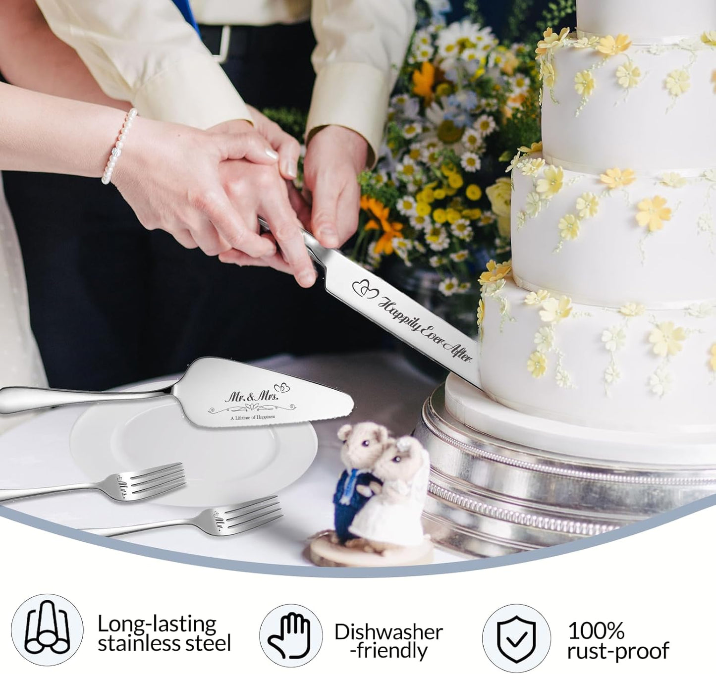 Personalized Wedding Cake Knife and Server Set, Engraved Cake Cutting Set with Stainless Steel Forks, Bridal Anniversary Birthday Wedding Registry Gifts(Non-customized)
