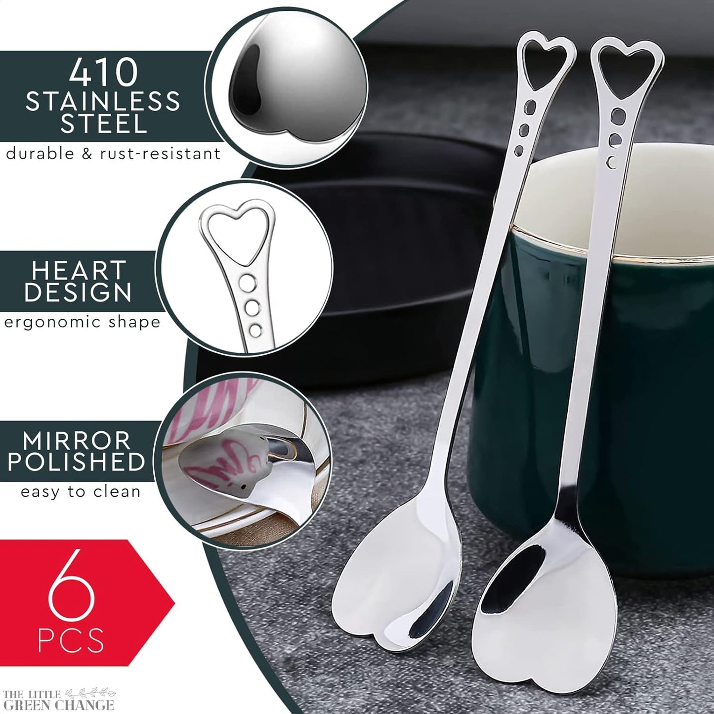 5.6'' Set of 6 Heart Spoons, Heart Shaped Spoons Stainless Steel – Cute Spoon and Functional for Hot Cocoa Bars, Tea Bags, or Cocktail Mixing – Easy to Clean and Spill-Free Use