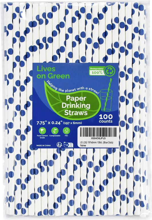 100 Counts Blue Polka Dots Paper Disposable Drinking Straws 7.75 inch, 0.24" Dia. - for Cocktail, Juice, Bar, Restaurant