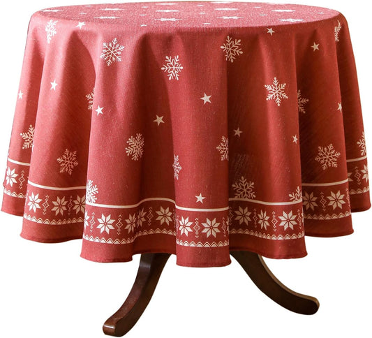 ISAENNE Designer Christmas Red Round Tablecloth,Linen Table Cloth with Snowflakes Pattern,Wrinkle Resistant Decor Tablecloths for Dining Kitchen Thanksgiving Christmas,Diameter 67"-Carol C