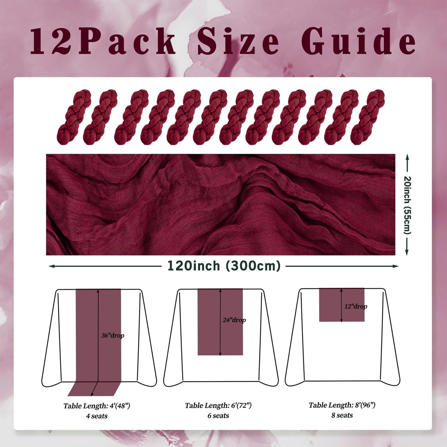 Burgundy 12 Pack Cheesecloth Table Runner 10FT Rustic Gauze Cheese Cloth Table Runner for Wedding Bridal Baby Shower Table Decor 20 x 120 Inch Long Boho Fabric Sheer Birthday Party Table Decorations