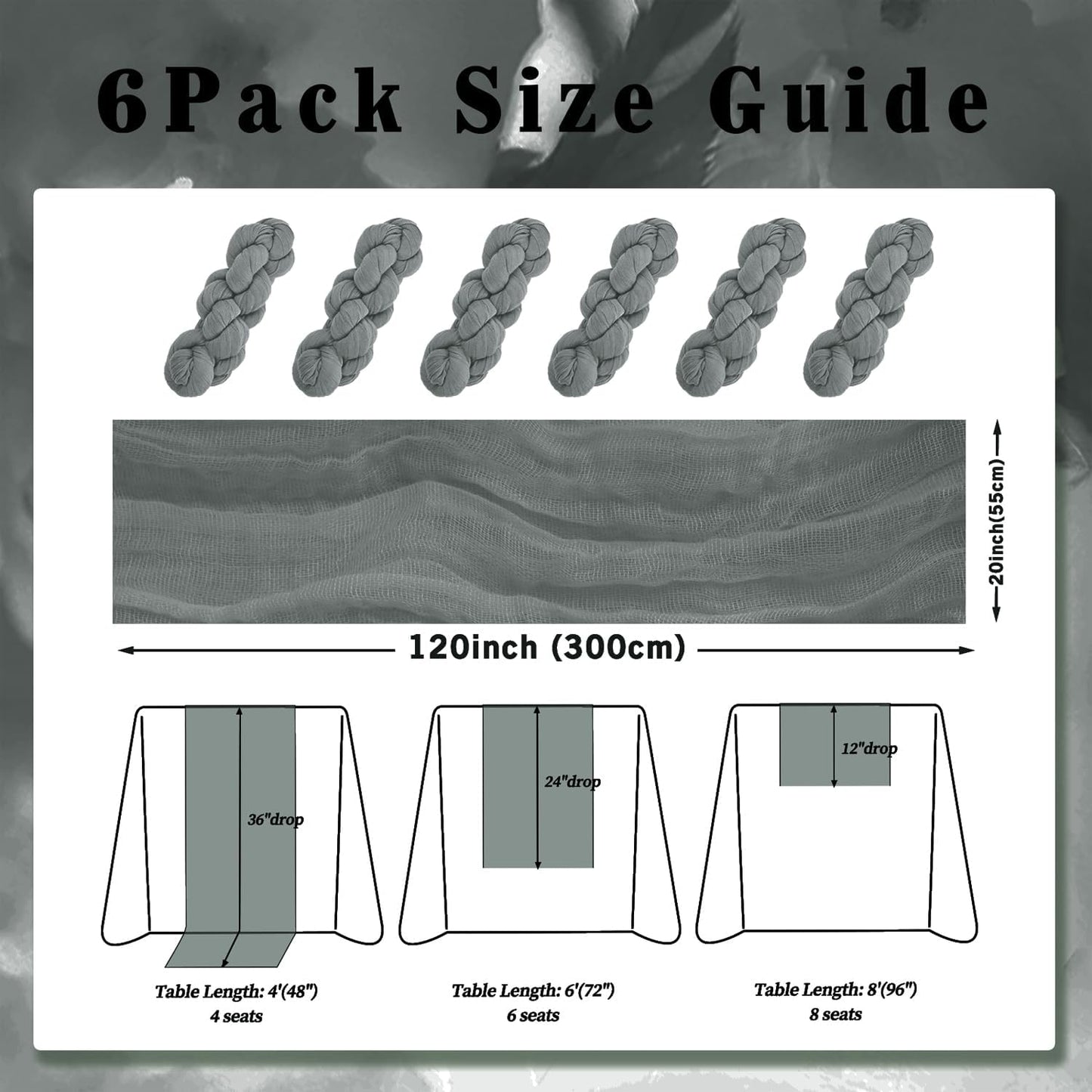 6 Pack Gray 10FT Cheesecloth Table Runner Rustic Gauze Fabric Cheese Cloth Table Runner for Wedding Bridal Baby Shower Table Decor 20 x 120 Inch Long Boho Sheer Birthday Party Table Decorations