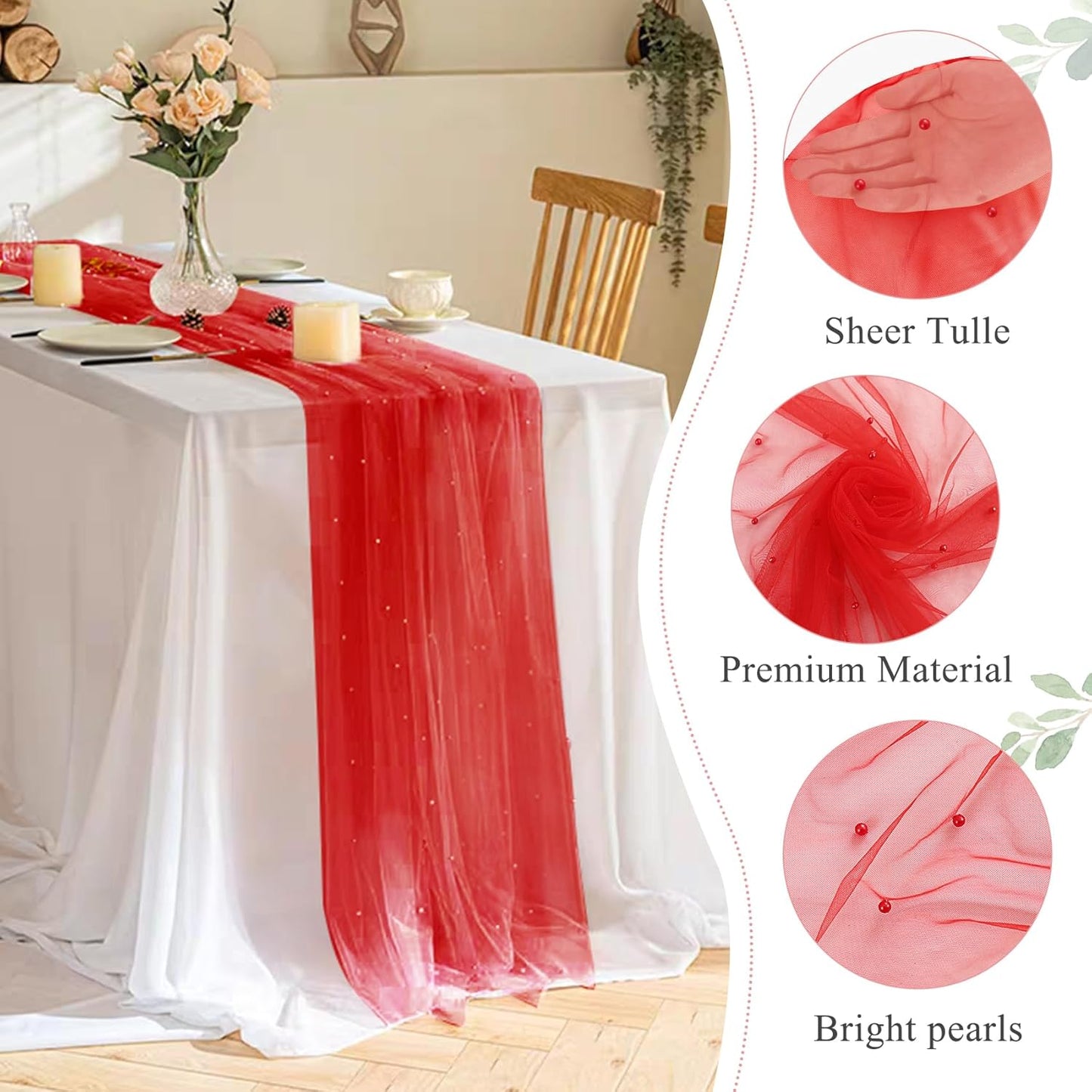 Pearl Table Runner 29 x 120 Inch Tulle Fabric Lace Table Runners Boho Rustic Tablecloth for Bridal Shower Birthday Party Wedding Arch Aisle Veil Dessert Table Decor(1 Pack, Red)