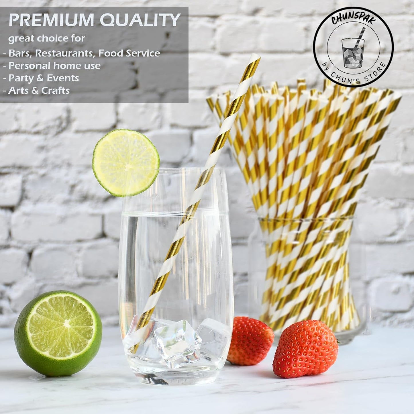 7.75 inch Gold/White Striped Paper Drinking Straws 1000 Counts for Cocktail, Party, Wedding - Disposable, Unwrapped
