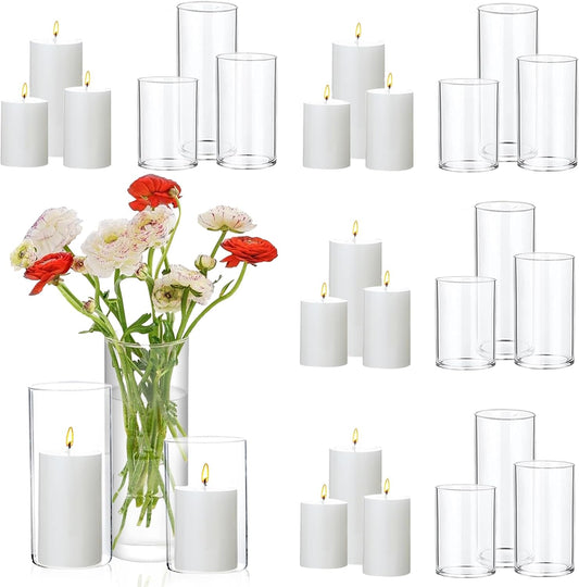 UDU 24 Pcs White Pillar Candles and Glass Cylinder Vases, Hurricane Pillar Candle Holder Vases for Wedding Centerpieces Table Party Home Decor(3.2" X 4.7", 6", 8")