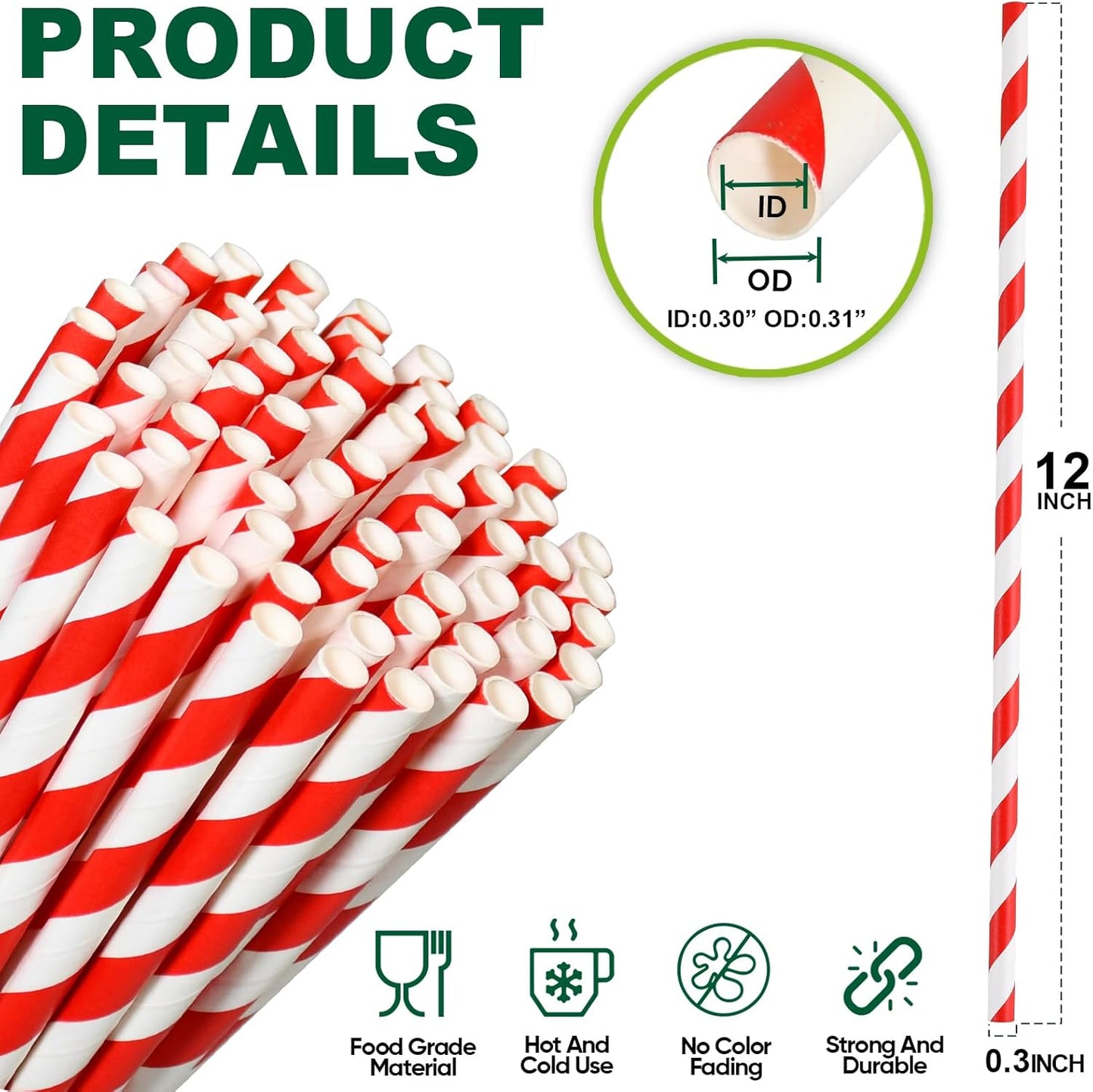 12 Inch Extra Long Large Paper Drinking Straws 8mm Wide - For Smoothies, Shakes, Tall Drinks, 40oz Tumblers - Red Stripe, 100 Count - 100% Biodegradable