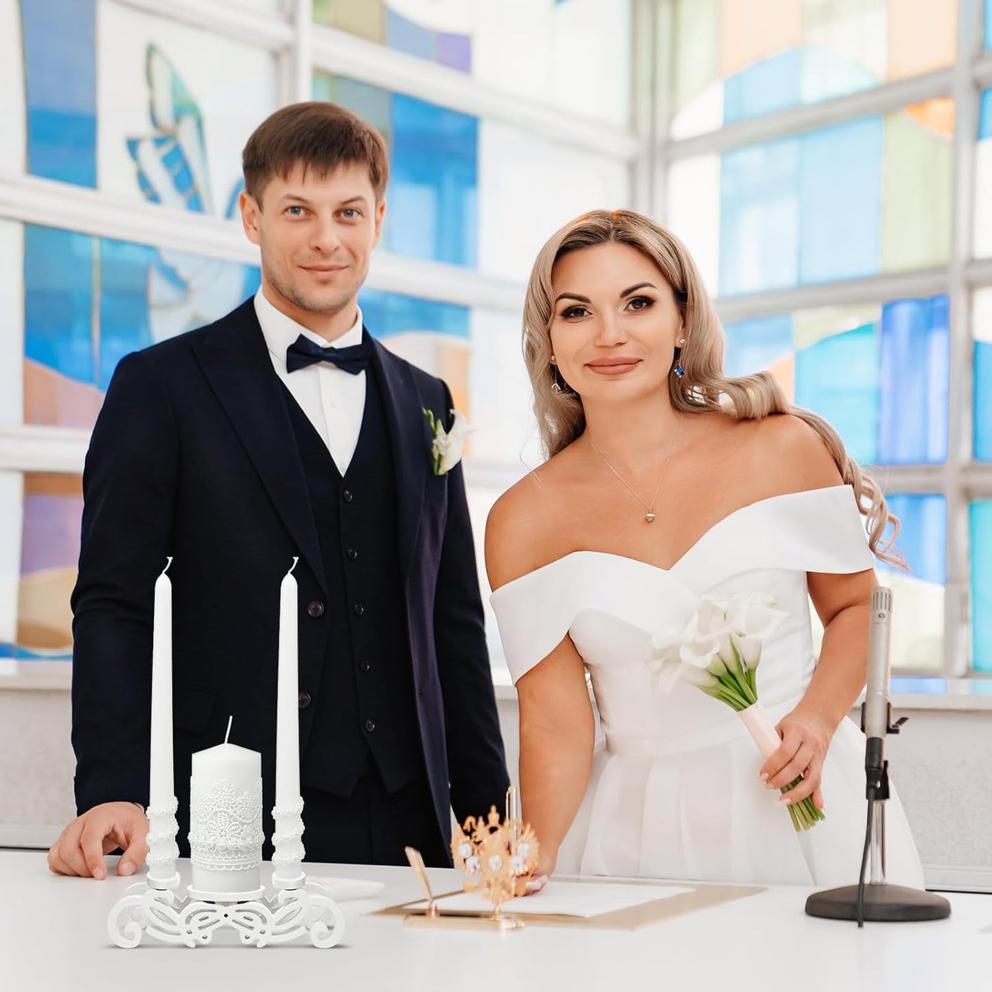 Irenare Unity Candles with Holder for Wedding Ceremony Wedding Decortions Accessories Glass Candle Holder Pillar Candle for Formal Events Church(Stylish Style)