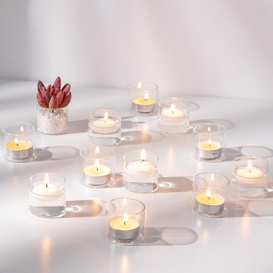 NUPTIO Glass Votive Candle Holders: Set of 24 Clear Tealight Holders Bulk - Mini Floating Candleholder for Christmas Thanksgiving Party Table Centerpieces Home Decor (1.8 x 1.57 inch)