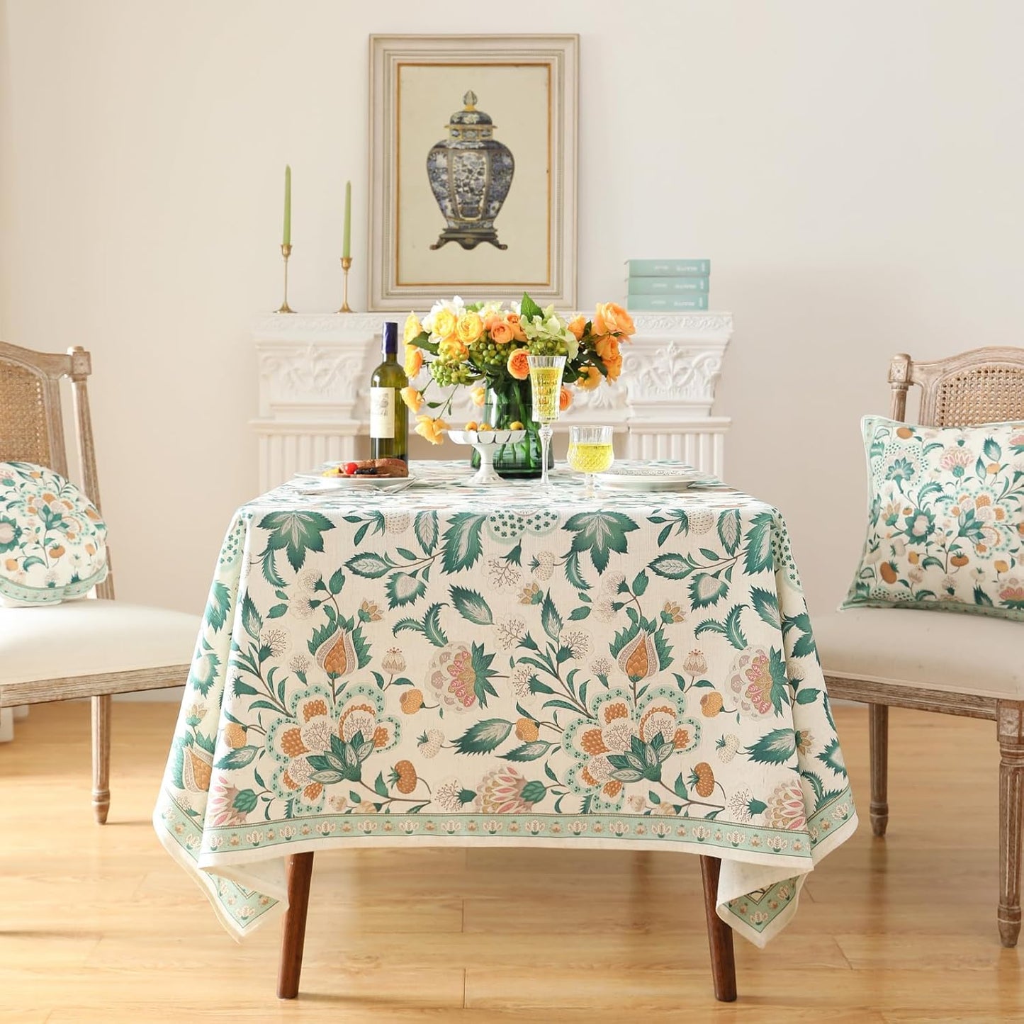 patdrea Designer Green Rectangle Table Cloth,Vintage Italian Floral Country Linen Breathable Tablecloth,Decor Cover for Kitchen Dining,Christmas,Tea Party,Thanksgiving,63"x87"-Tree Life