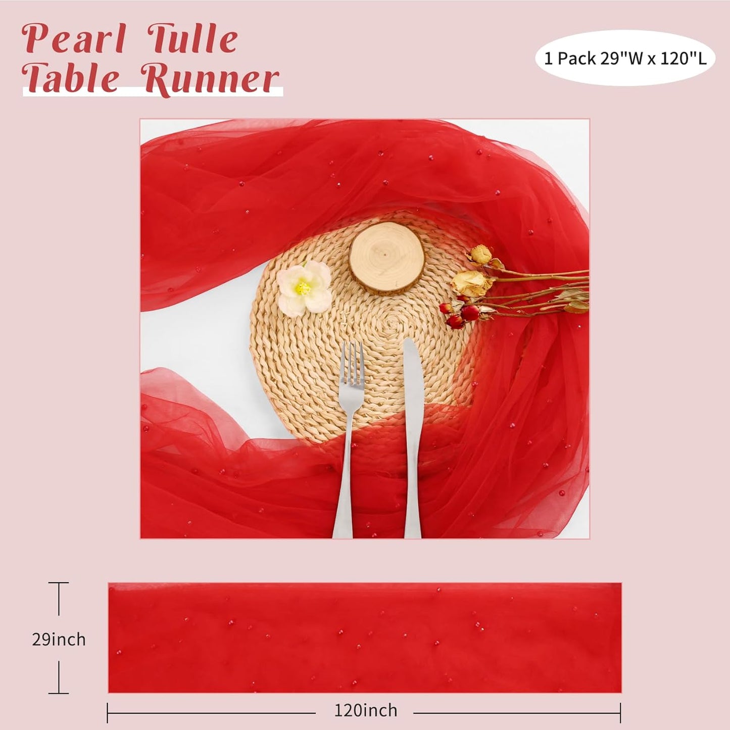 Pearl Table Runner 29 x 120 Inch Tulle Fabric Lace Table Runners Boho Rustic Tablecloth for Bridal Shower Birthday Party Wedding Arch Aisle Veil Dessert Table Decor(1 Pack, Red)