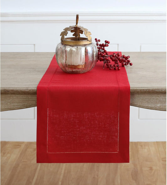 Solino Home Linen Red Table Runner 144 Inches Long - 100% Pure Linen Extra Long Table Runner 14 x 144 Inch for Christmas, Holiday - Classic Hemstitch