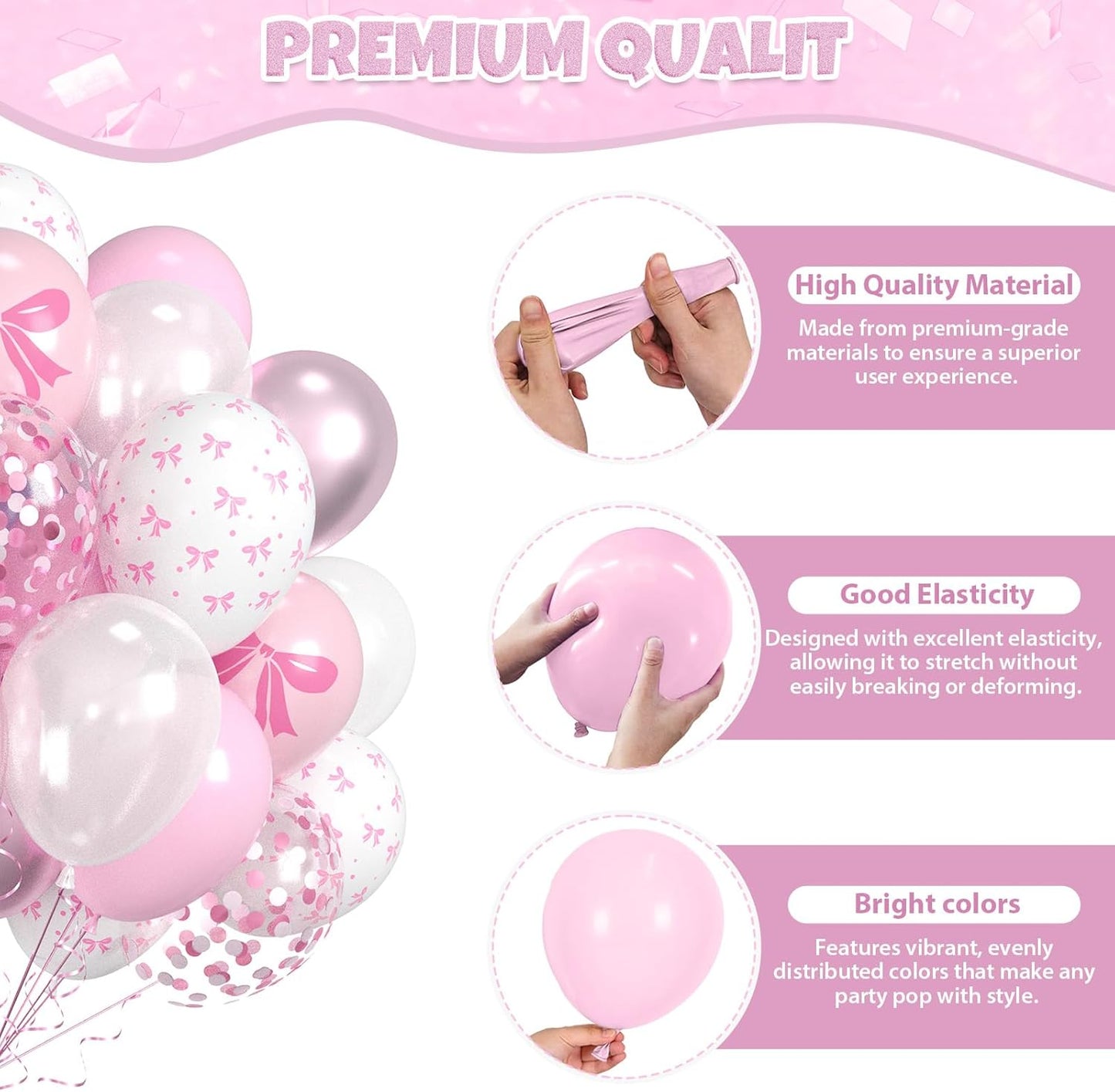 Pink Bow Latex Balloons, 60pcs Pink and White Balloons, Bow Printed Balloon Metallic Confetti Balloon For Girls Women Princess Birthday Baby Shower Bachelorette Party Engagement Wedding Anniversary
