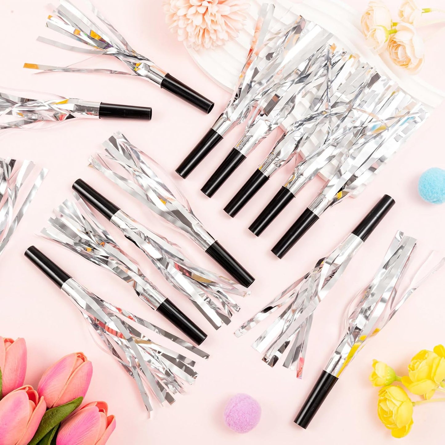 36 Pcs Noise Makers Birthday Blowers Glitter Metallic Fringed Party Blow Horns for Birthday Baby Shower Wedding Graduation Sporting New Year Party Favors Supplie（Silvery）