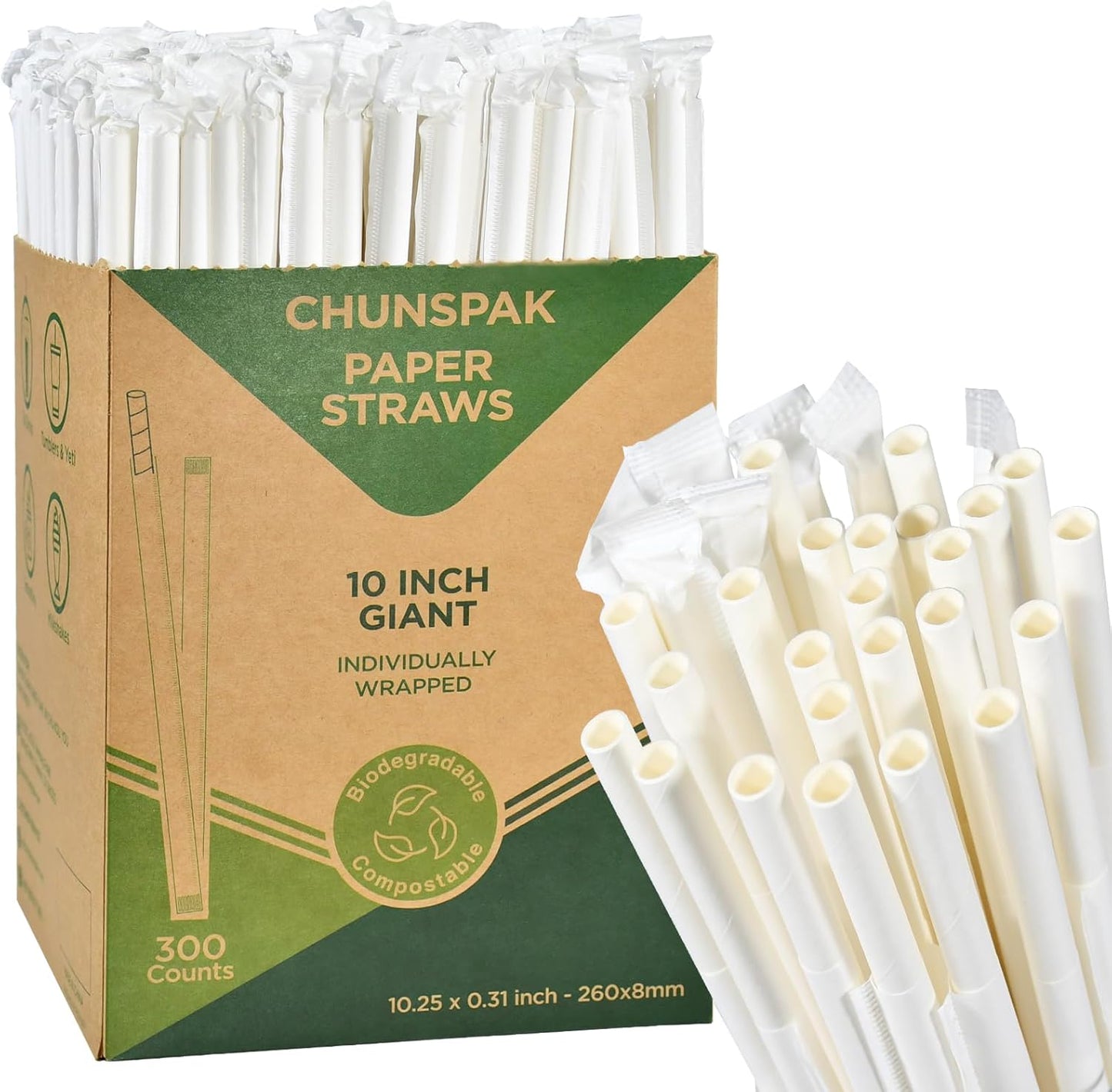 10.25" Disposable Paper Drinking Straws Individually Wrapped, 0.31" Dia. - 4 PLY Thick Heavy Duty Paper - White, 300 ct. (Restaurant Quality)
