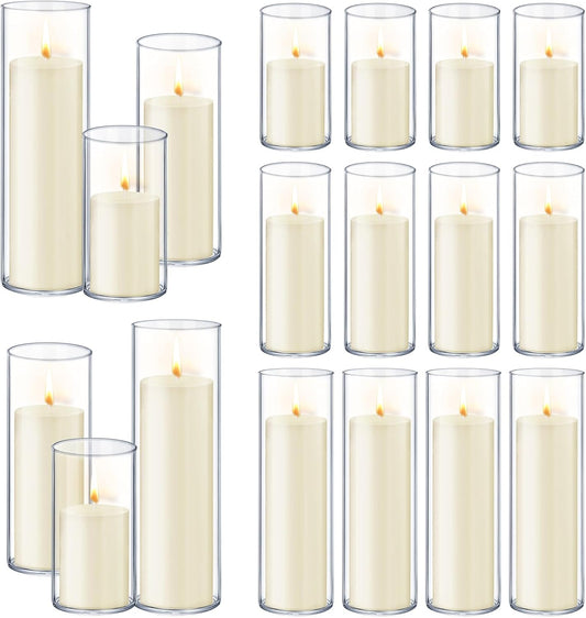 36 PCS Ivory White Pillar Candles with Glass Candle Holders Clear Hurricane Candle Holders Glass Cylinder Vases for Centerpieces Wedding Party, Event, Home Office (18 Candles+18 Candle Hoders)