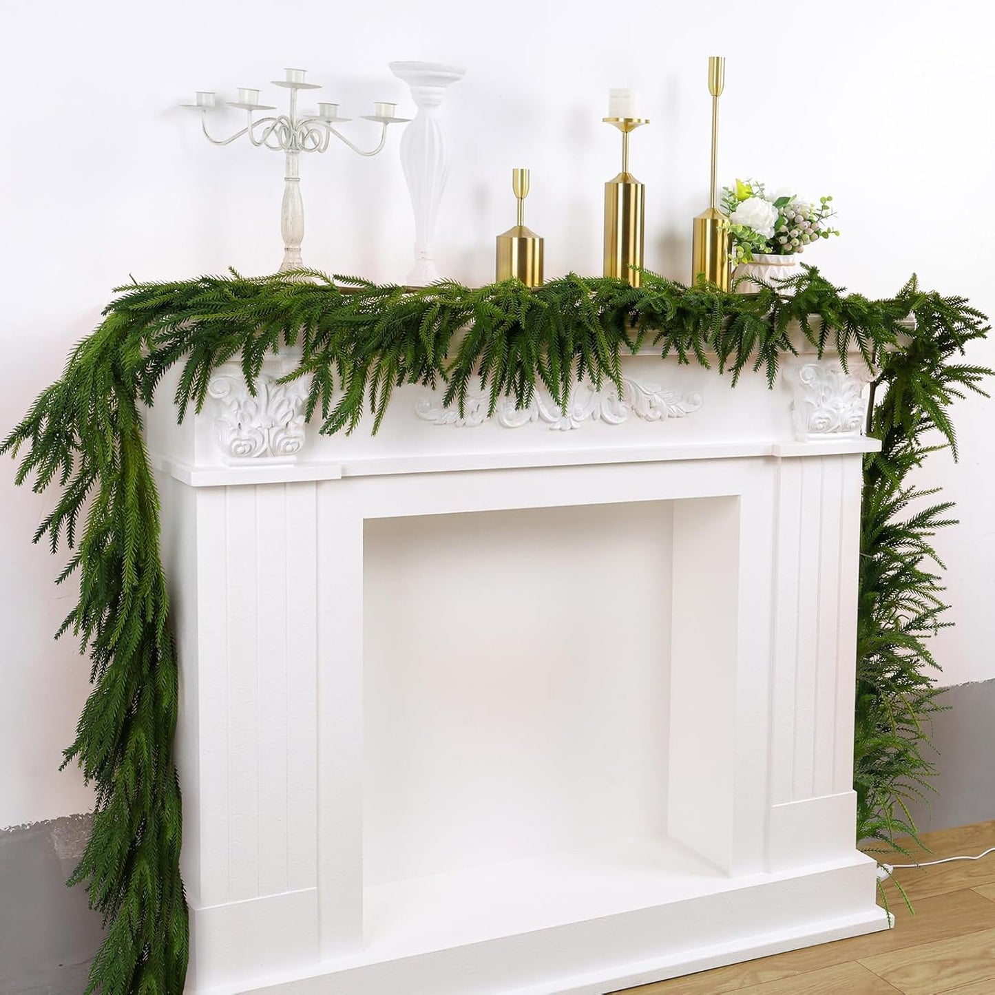 2 Pcs Artificial Norfolk Pine Garlands Christmas, 15 FT Dense Real Touch Winter Pine Garland Ornament, Green Artificial Greenery Garland for Table, Mantle, Wall, Indoor, Outdoor Christmas Decorations