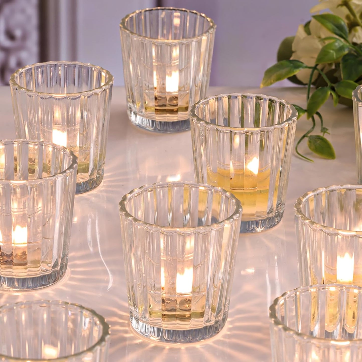 8pcs Vintage Ribbed Votive Candle Holders, Glass Candle Holder for Wedding Table Decor, Tea Lights Candle Holder for Table Centerpiece, Christmas, Holiday Decor