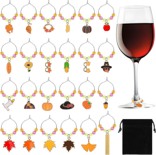 SANNIX Thanksgiving Wine Glass Charms, 24pcs Wine Glass Identifiers for Stem Glasses, Hostess Gifts & Party Favors