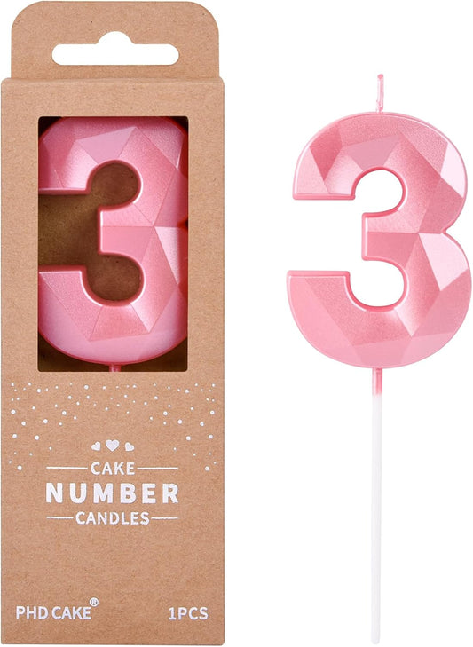 PHD CAKE 2.76 Inch Crystal Pink 3 Number Birthday Candles, Pink Number Candles, Cake Number Candles, Party Celebration