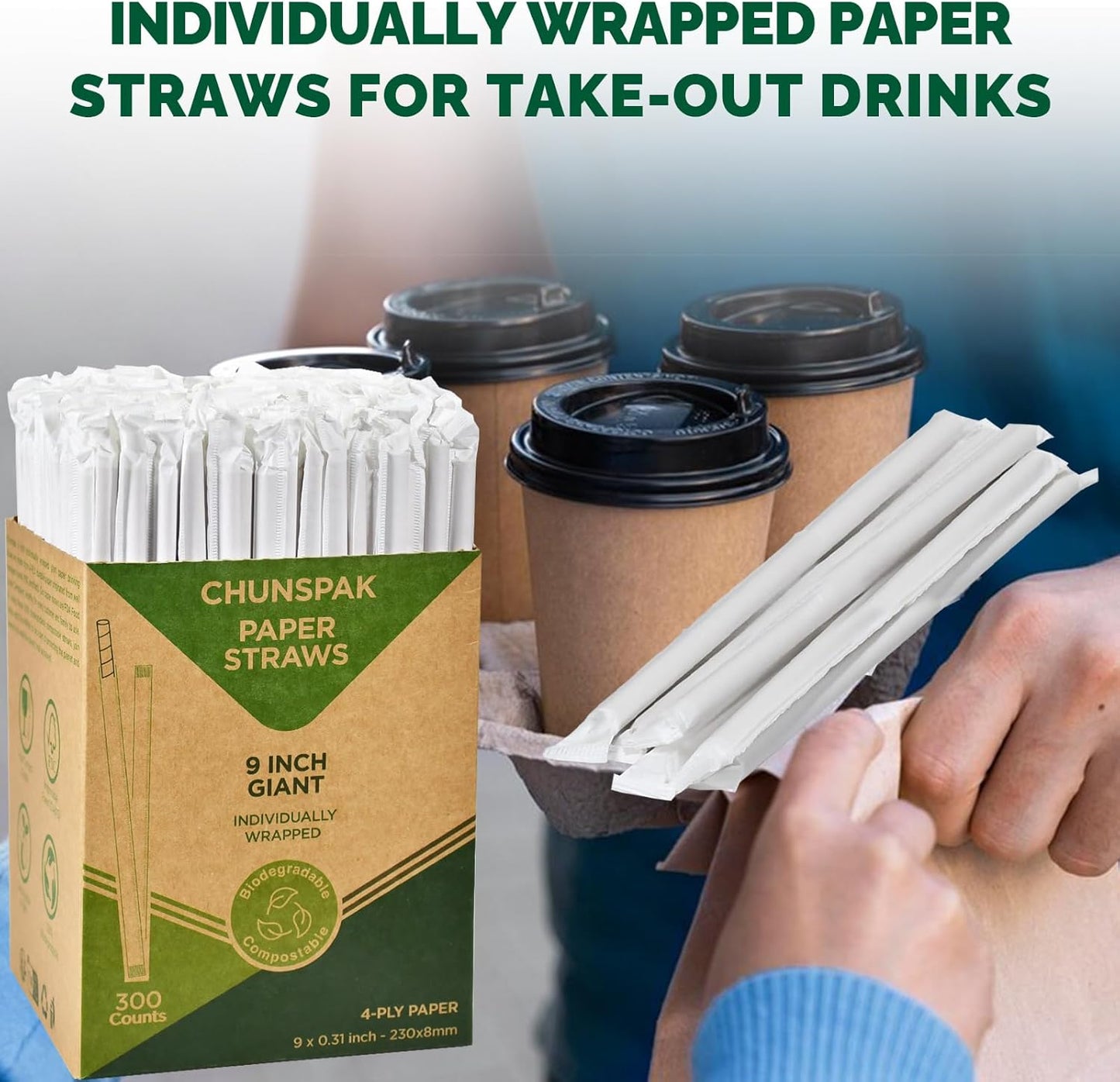 9'' x 0.31'' Giant Paper Drinking Straws Individually Wrapped 300 Counts, Dye-free Brown Kraft - 4 Ply Thick Paper