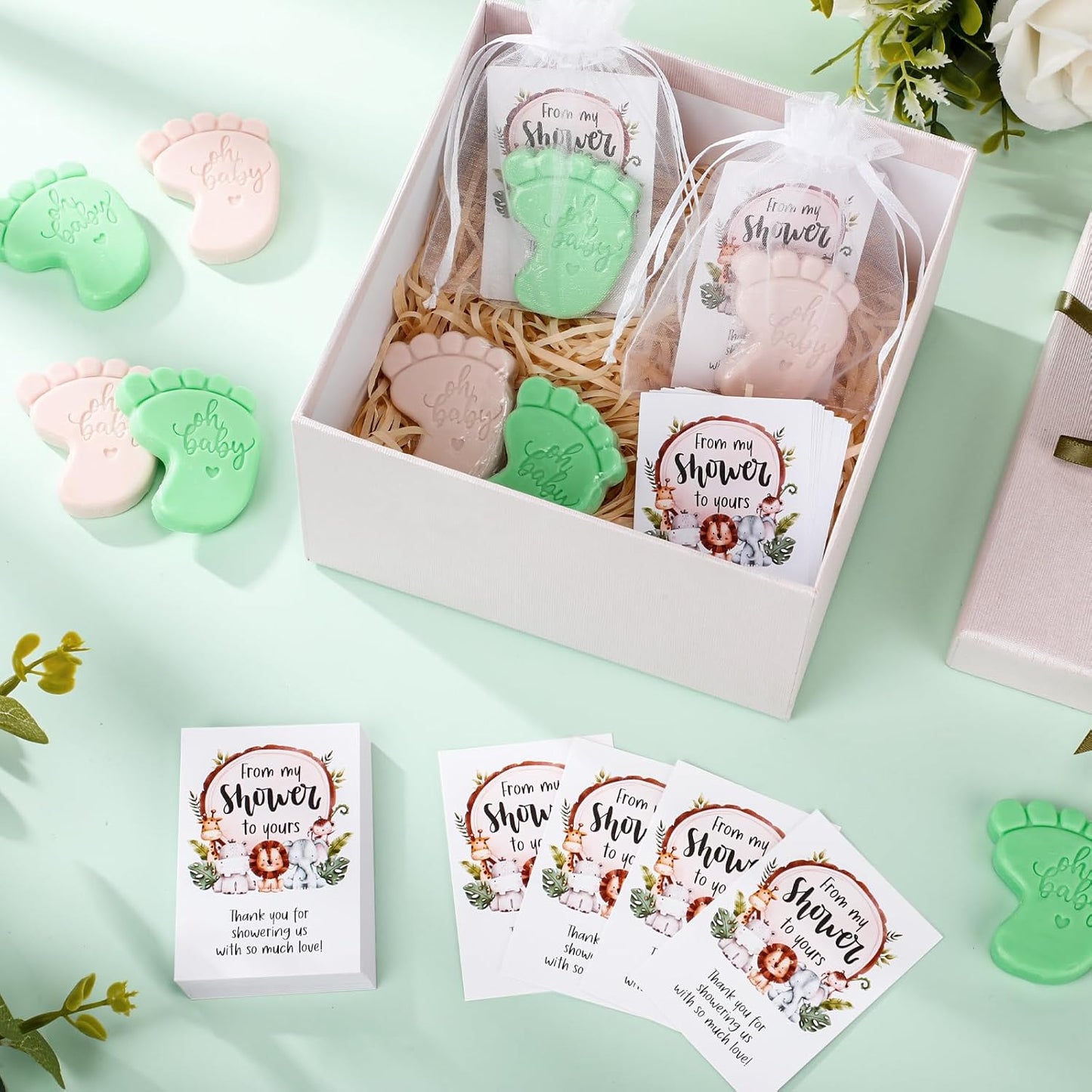 50 Sets Baby Shower Soap Favors for Guests - Mini Handmade Footprint Scented Soap with Thank You Cards and Organza Bag, Party Gifts for Gender Reveal Baptism Shower(Gray and Light Green)