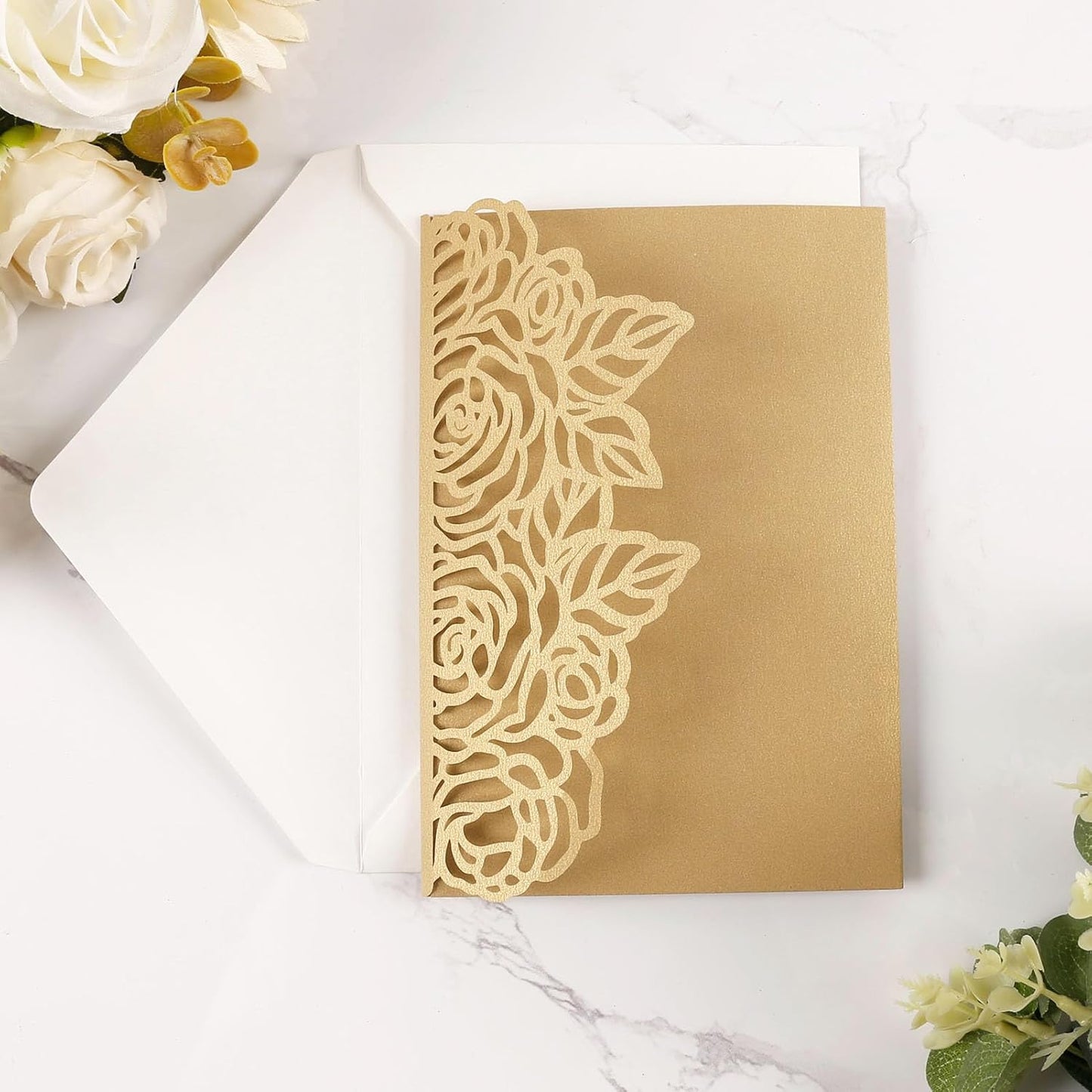 50pcs Gold Laser Cut Wedding Invitations Card Pocket with Envelope and RSVP Cards 5x7 '' Tri-Fold Wedding Invitation Kit for Wedding Engagement Bridal Shower Birthday Quinceanera Party Invite