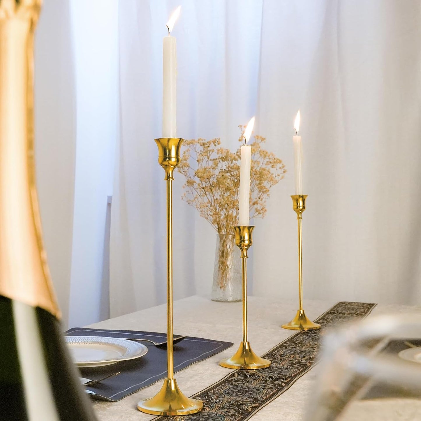 Metal Candle Holders for Candlesticks Taper Candlestick Holders Set Vintage Decorative Centerpiece Candelabra Tall Candle Stands for Halloween Thanksgiving Christmas (Gold, 1 Set (3 pcs))