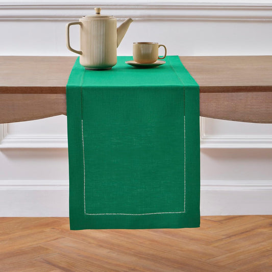 Solino Home Linen Hemstitch Table Runner 108 Inches Long - 100% Pure Linen Emerald Green Table Runner 14 x 108 Inch for Christmas - Classic Hemstitch