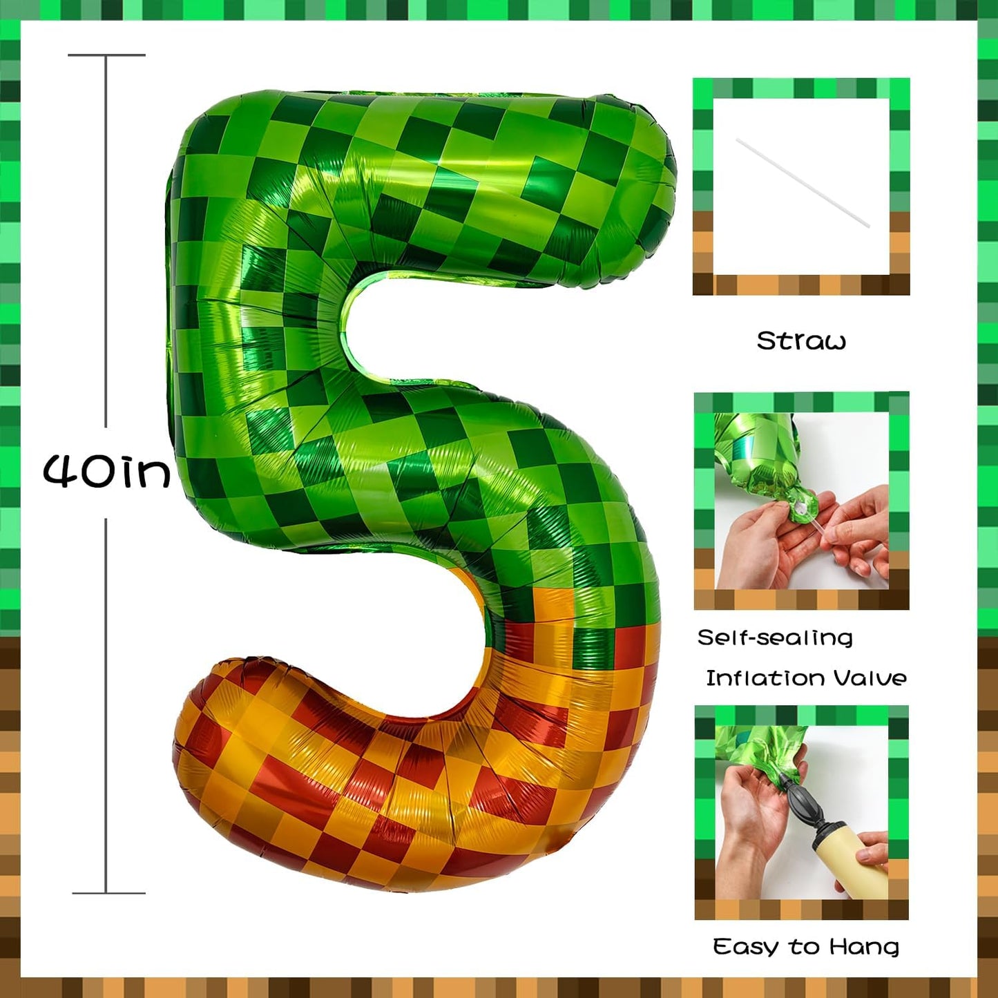 Pixel & TNT Theme 40in Giant Number Balloons - Foil Mylar Birthday Party Decorations for Kids Adults Cumpleaños, Block Style Pixel Art Shape Balloon Decor Supplies (Pixel, Number 5)