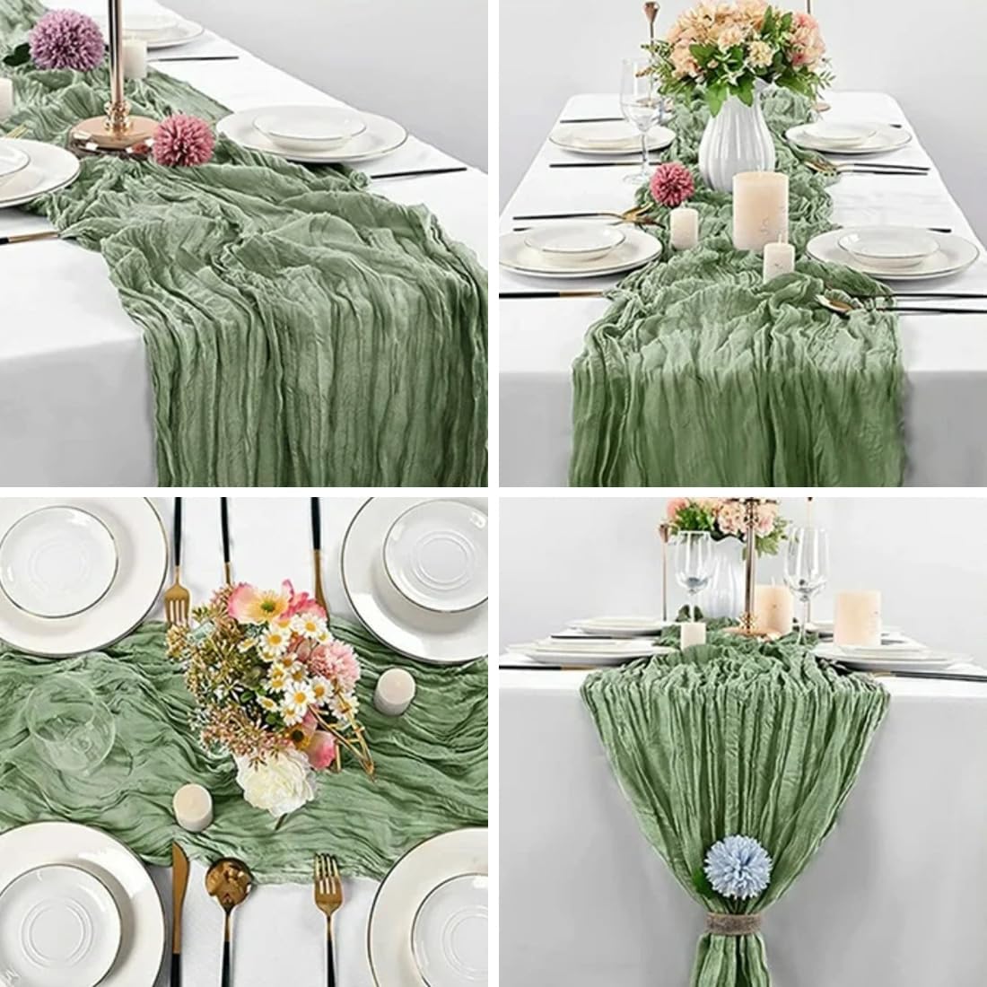 10 Pack Sage Green Cheesecloth Table Runner -21*120Inch Long Boho Wedding Table Decor, Rustic Gauze Fabric Runner for Bridal Showers, Baby Showers & Parties (Sheer, Lightweight, Wrinkled Design)