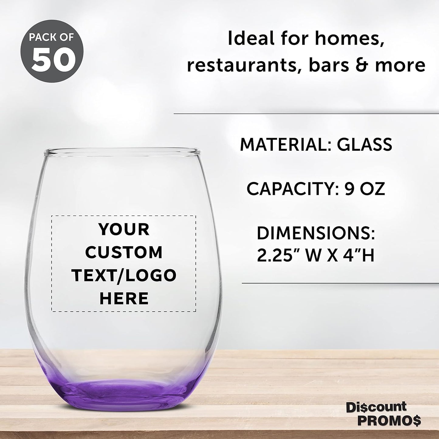 Custom Stemless Wine Glass 9 oz. Set of 50, Personalized Bulk Pack - Great for Wedding Favors, Bachelorette Party Decorations, Party Favors, Color Bottom - Purple
