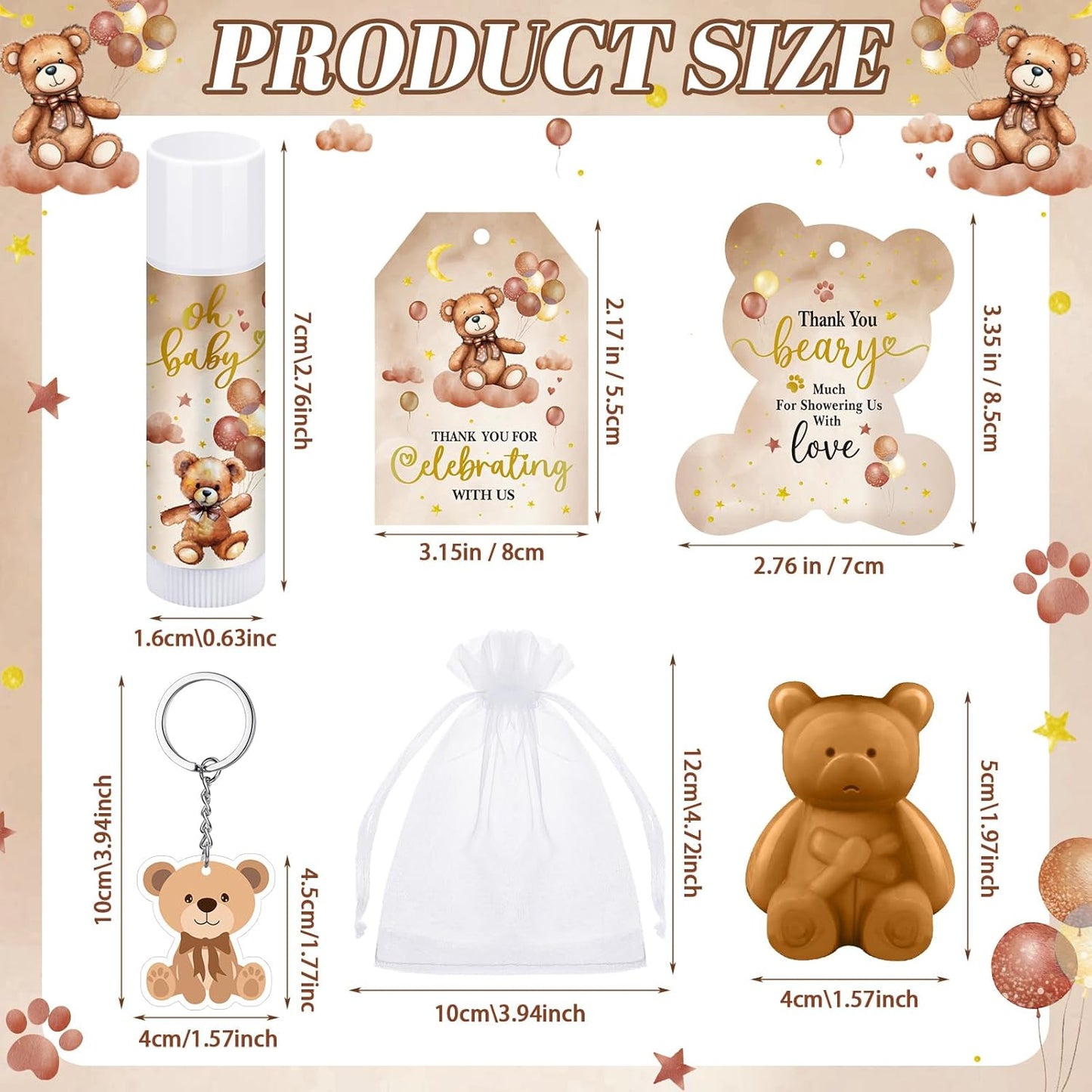 288 Baby Shower Favors: 48 Sets of Lip Balms, Soaps, Keychains, Organza Bags, Thank You Tags & Cards for Boys & Girls Baby Shower Gifts (Brown, Bear)