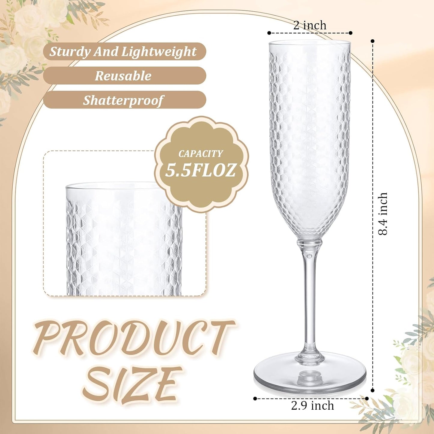 Remerry 24 Pack Detachable Plastic Champagne Flutes 5.5 oz Champagne Glasses Bulk Disposable Mimosa Glasses Reusable Wine Cups for Wedding Toasting Baby Shower Birthday Party New Years (Clear)