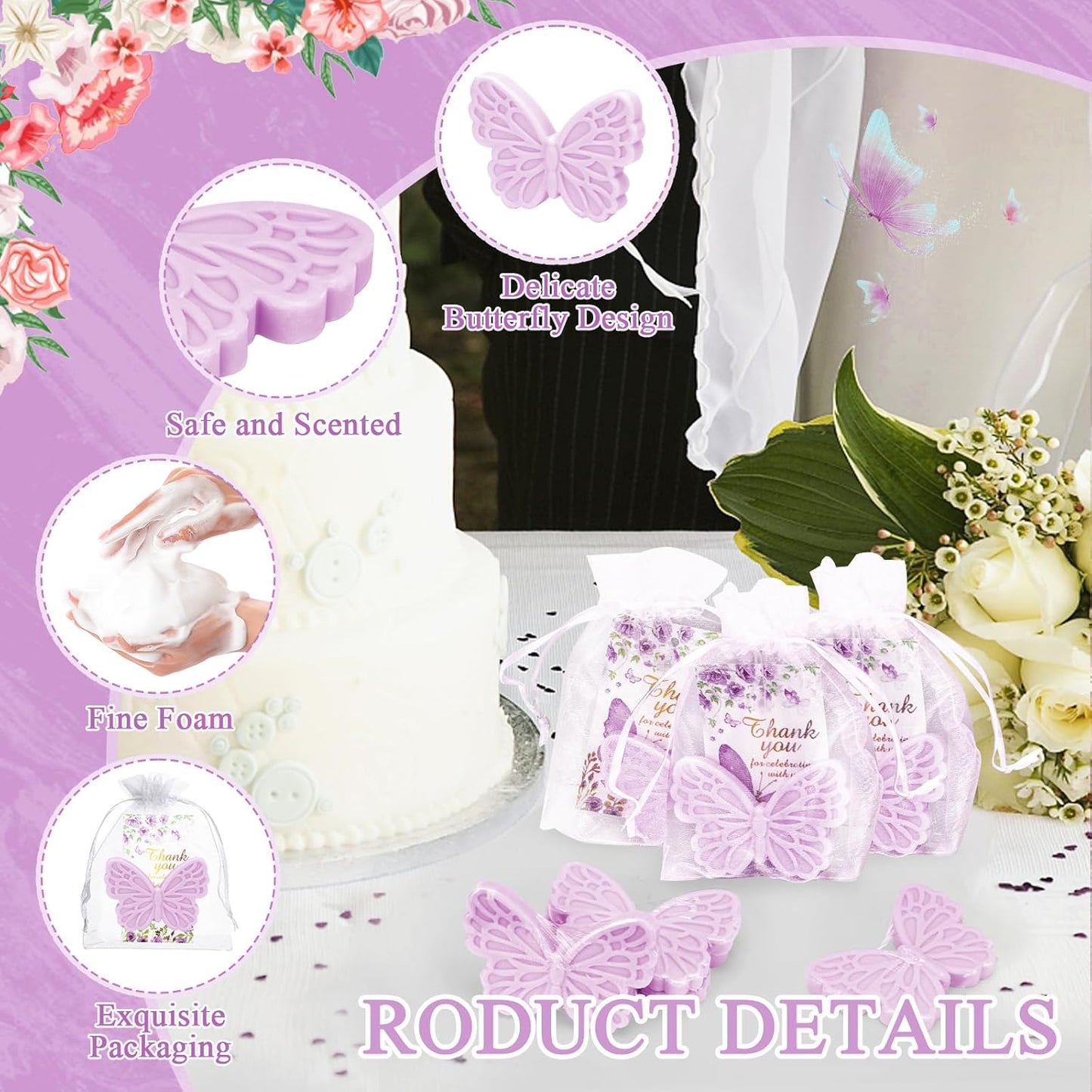 50 Sets Butterfly Baby Shower Favors for Guests Butterfly Soap Favors Handmade Scented Soap with Thank You Cards Organza Bags for Gender Reveal Baptism Decorations Wedding Bridal Gift (50, Purple)