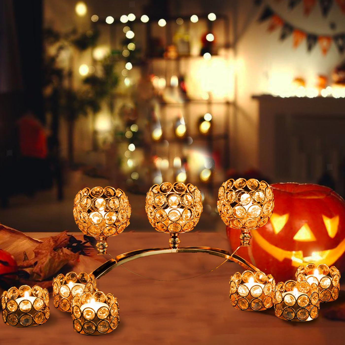 4Set Gold Crystal Candle Holders Decorative Candelabra for Wedding Centerpiece,Metal 3 Arms Candlesticks Holder Stand for Dining Table Living Room Home Decor, Party, Anniversary,Halloween,Christmas