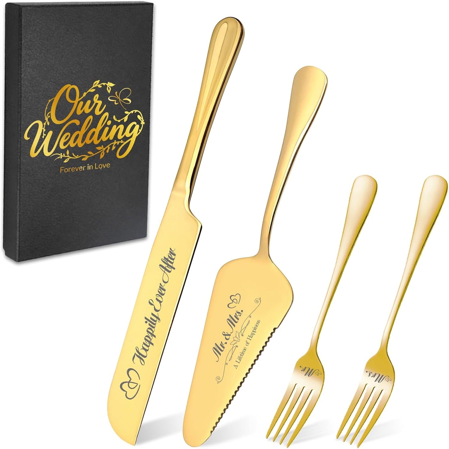 Personalized Wedding Cake Knife and Server Set, Wedding Gold Cake Cutting Set with Stainless Steel Forks, Customized Bridal Anniversary Birthday Wedding Registry Gifts for Couple (Non-customized)