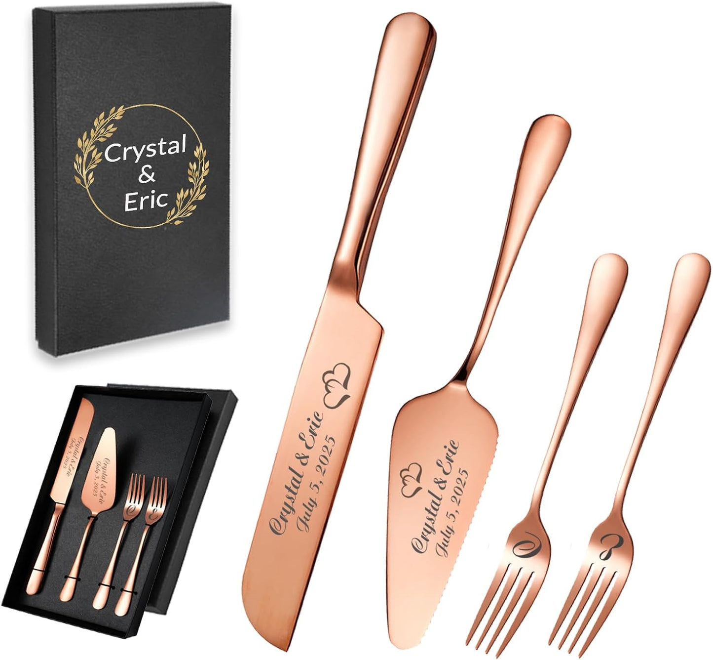 Personalized Wedding Cake Knife and Server Set, Custom Names Cake Cutting Set with Stainless Steel Forks, Customized Bridal Anniversary Birthday Wedding Registry Gifts for Couple (Rose Gold)