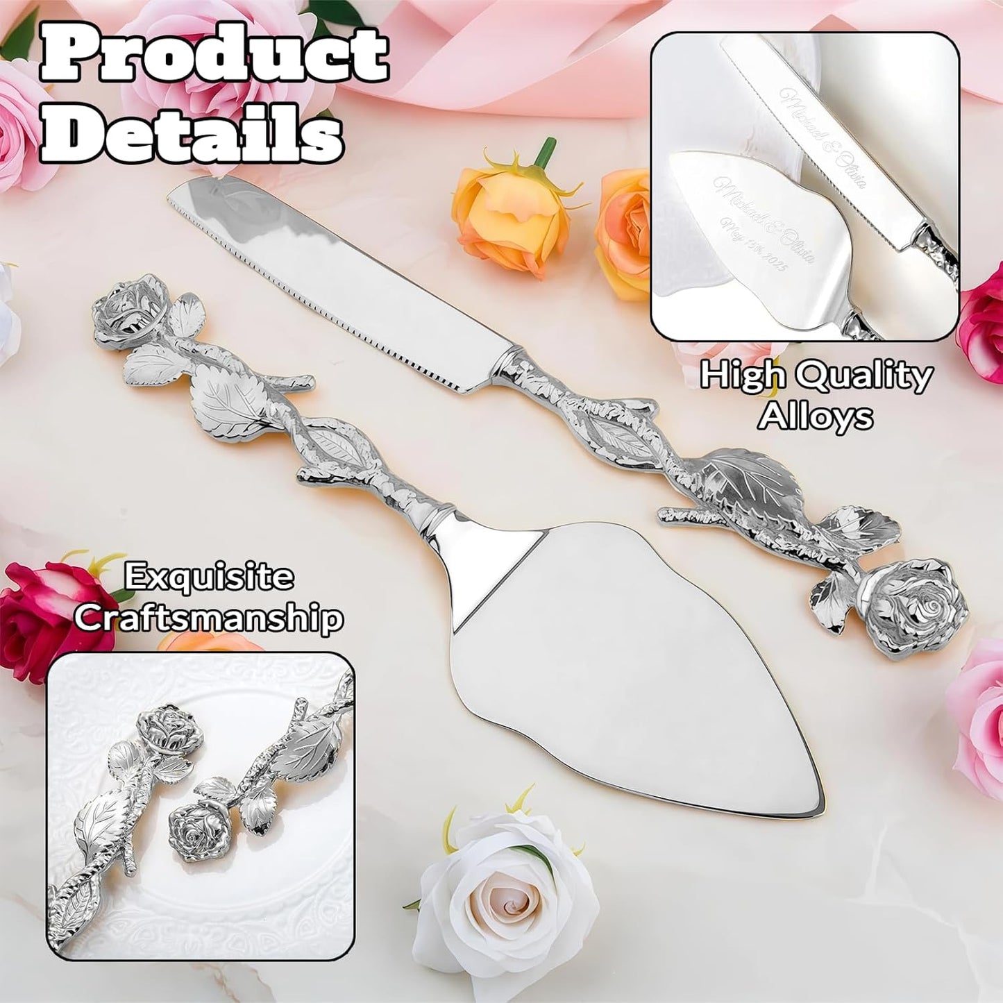 Personalized Wedding Cake Knife and Server Set, Custom Name/Date Cake Cutting Set for Wedding, Customized Cake Cutter for Bridal Anniversary Birthday Couple Gifts (Rose-Silver)