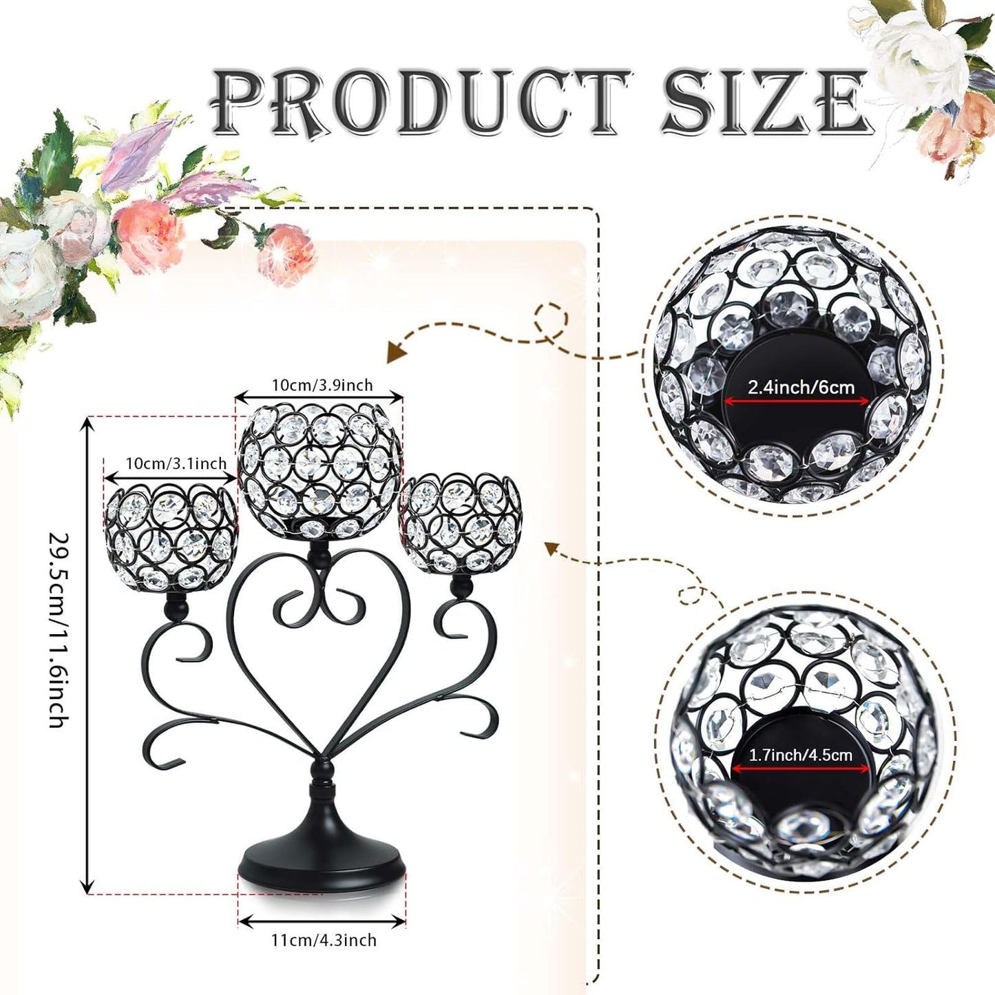 2 Pcs 3-Arm Heart Tea Light Candle Holder - Crystal & Metal Wedding Centerpiece Decor, Sparkling Table Decor for Anniversaries/Romantic Tabletop Home/Dinner Party/Events (2, Black)