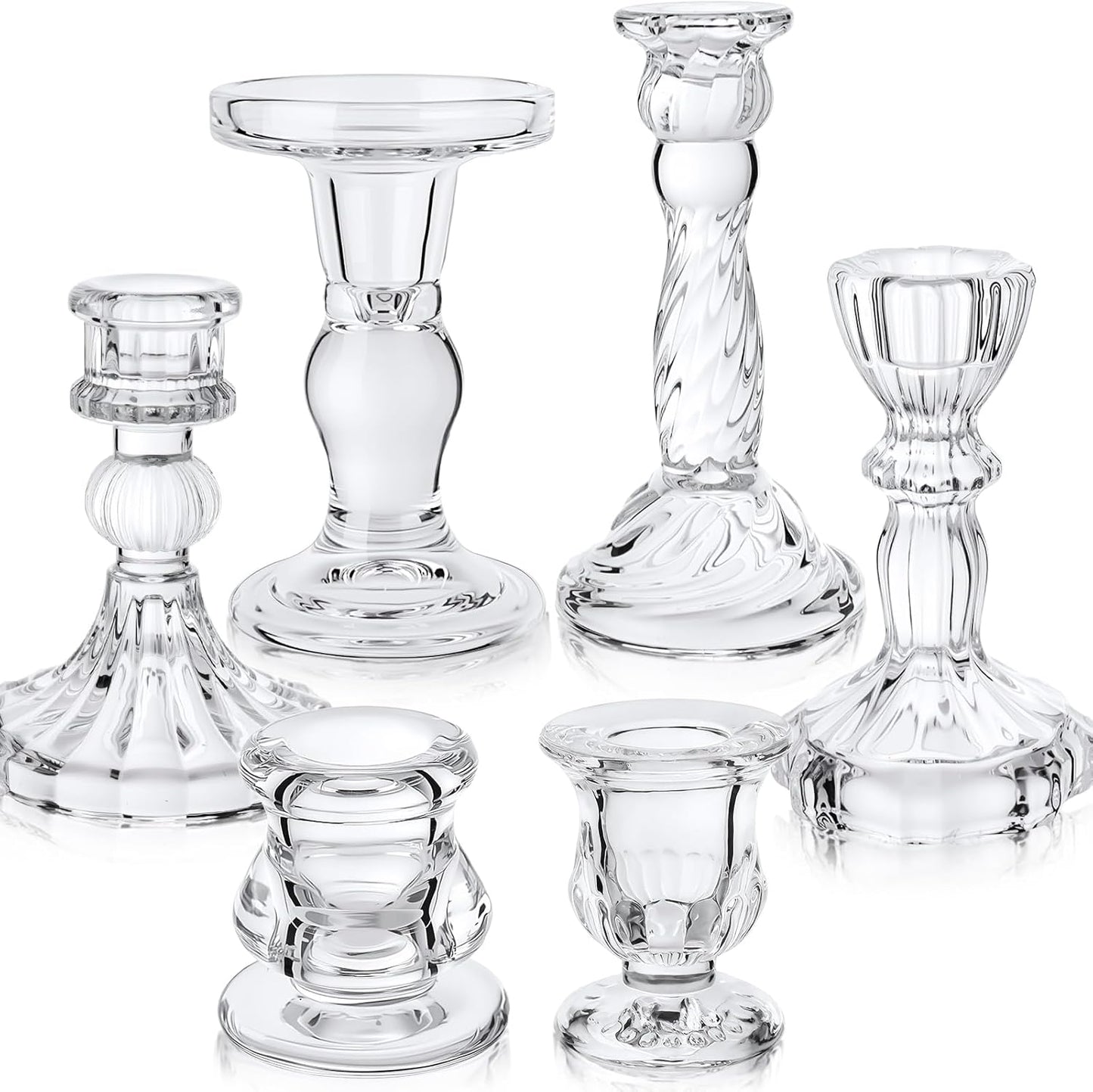 Mumufy 6 Pcs Glass Crystal Taper Candle Holders Clear Glass Candlestick Holder Fit 0.8 Inch Candles Crystal Decorative Candle Stand Centerpiece Table Wedding Dining Party (Simple,Clear)