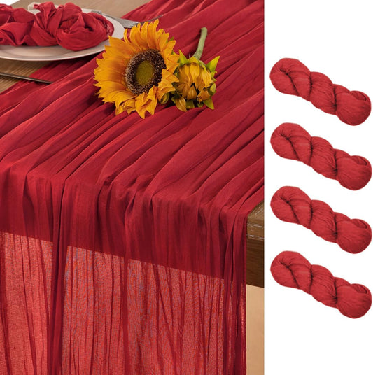 Red Cheesecloth Table Runner 4 Pack Fall Table Runners Boho Gauze 120 Inches Red Cheese Cloth Fall Table Decorations for Thanksgiving Weddings Bridal Baby Shower Candlelight Dinner Party
