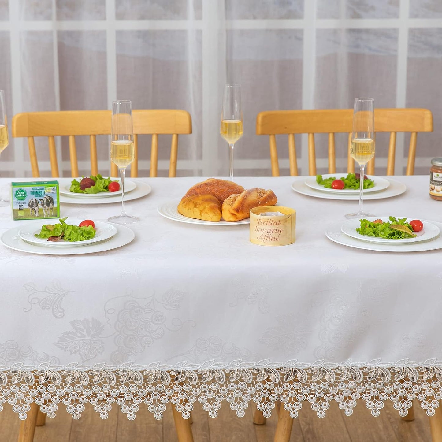 White lace Premium Rectangle Farmhouse Tablecloth Waterproof OilProof SpillProof AntiShrink Soft Wrinkle Resistant Decorative Fabric Table Cover Kitchen Dinning Party Wedding Banquet