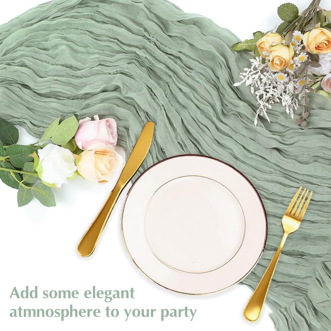 10 Pack Sage Green Cheesecloth Table Runner -21*120Inch Long Boho Wedding Table Decor, Rustic Gauze Fabric Runner for Bridal Showers, Baby Showers & Parties (Sheer, Lightweight, Wrinkled Design)