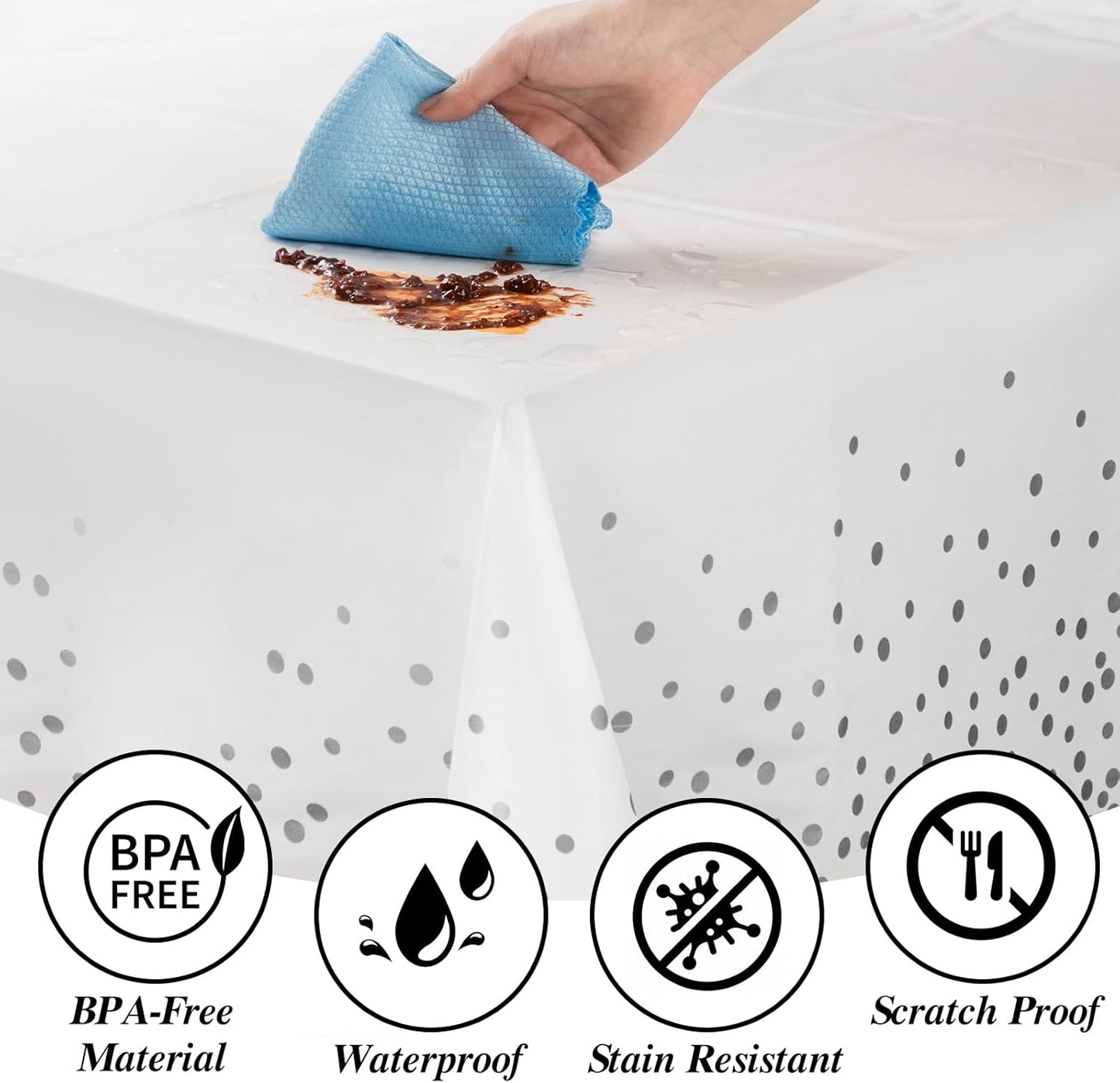 Goodluck 352 Piece Silver Dinnerware Set for 50 Guests, Square Plastic Plates with Silver Trim, Include: 100 Plastic Plates, 50 Rolled Napkins, 50 Cups, 50 Cutlery Set and 2 Tablecloth