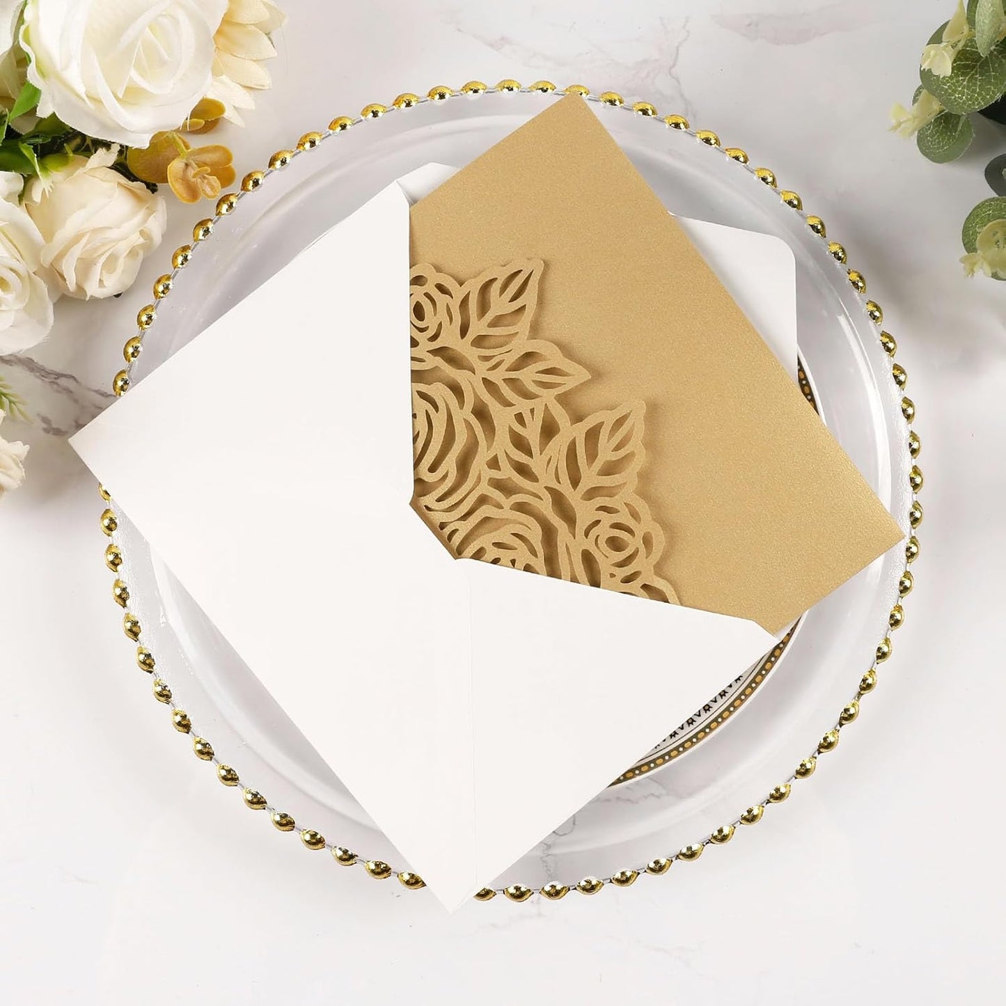 50pcs Gold Laser Cut Wedding Invitations Card Pocket with Envelope and RSVP Cards 5x7 '' Tri-Fold Wedding Invitation Kit for Wedding Engagement Bridal Shower Birthday Quinceanera Party Invite