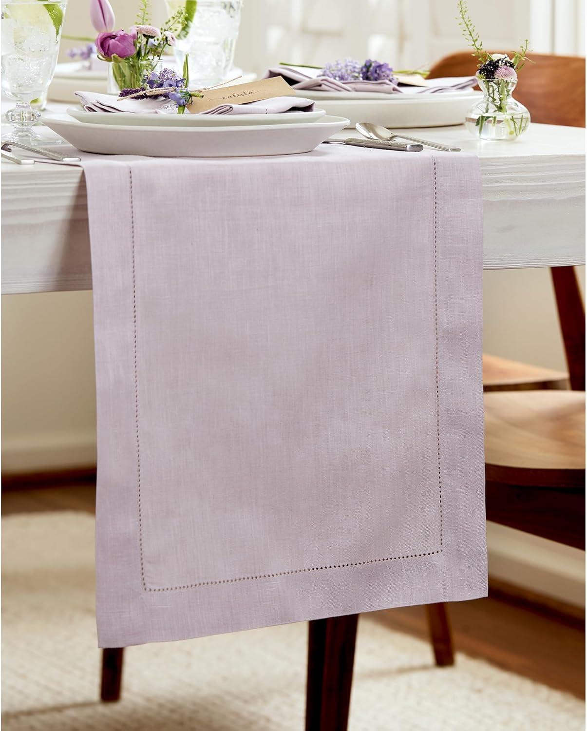 Solino Home Linen Lilac Table Runner 72 Inches Long - 100% Pure Linen Hemstitch Table Runner 14 x 72 Inch for Dresser, Dining, Fall, Autumn, Thanksgiving, Christmas - Classic Hemstitch