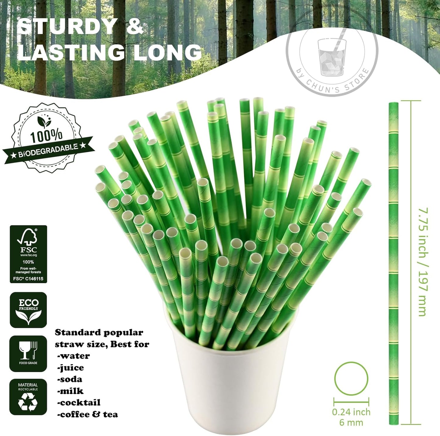 [1000 Count] Green Bamboo Paper Straws for Drinking, 7.75" x 0.24", 100% Biodegradable