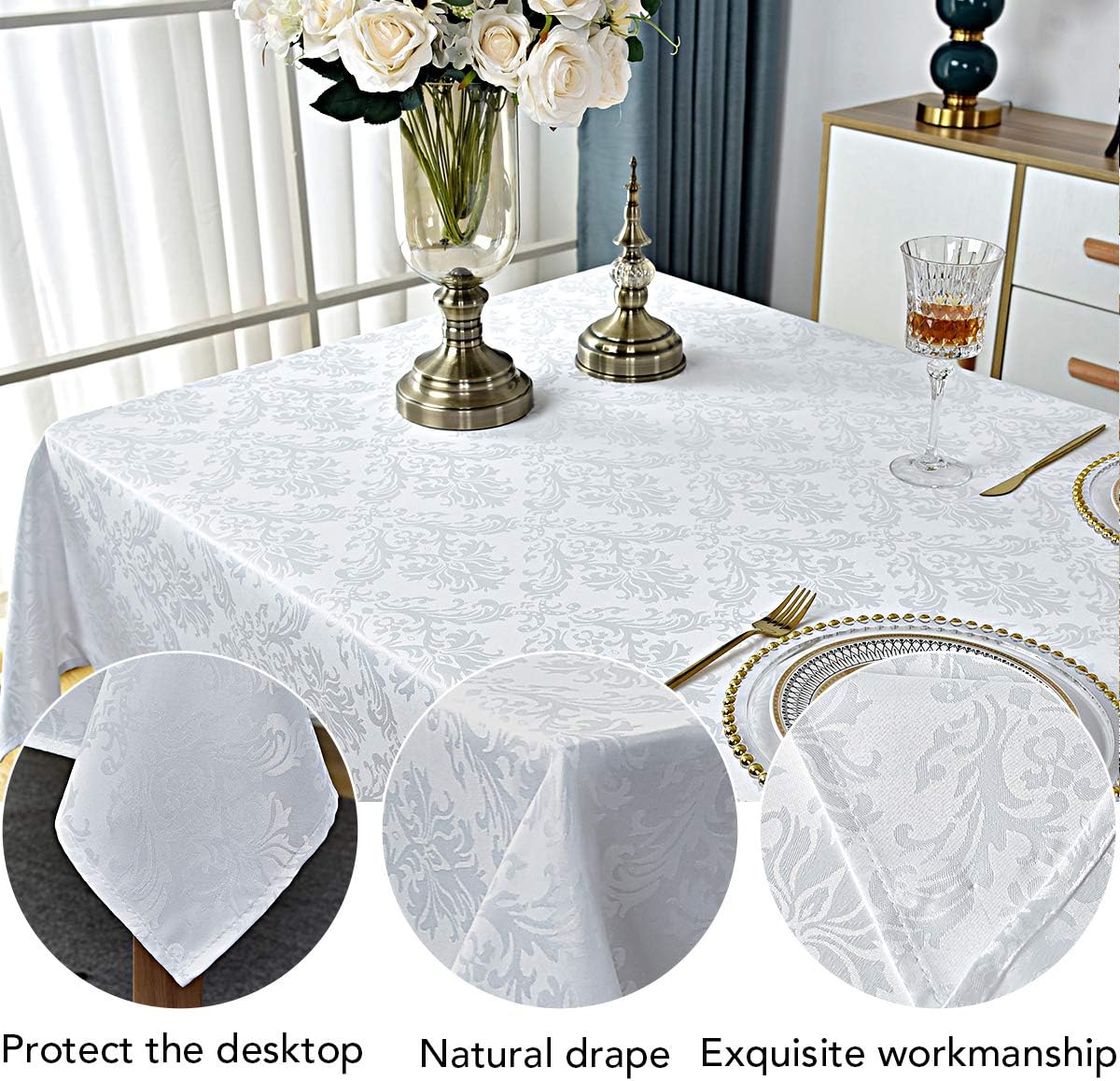 Rectangle Table Cloth - 60 x 120 Inch White Jacquard Tablecloths Damask Design Spillproof Wrinkle Resistant Shrinkproof Soft Tablecloth Polyester Oblong Table Cover for Kitchen Dinning Party Tabletop
